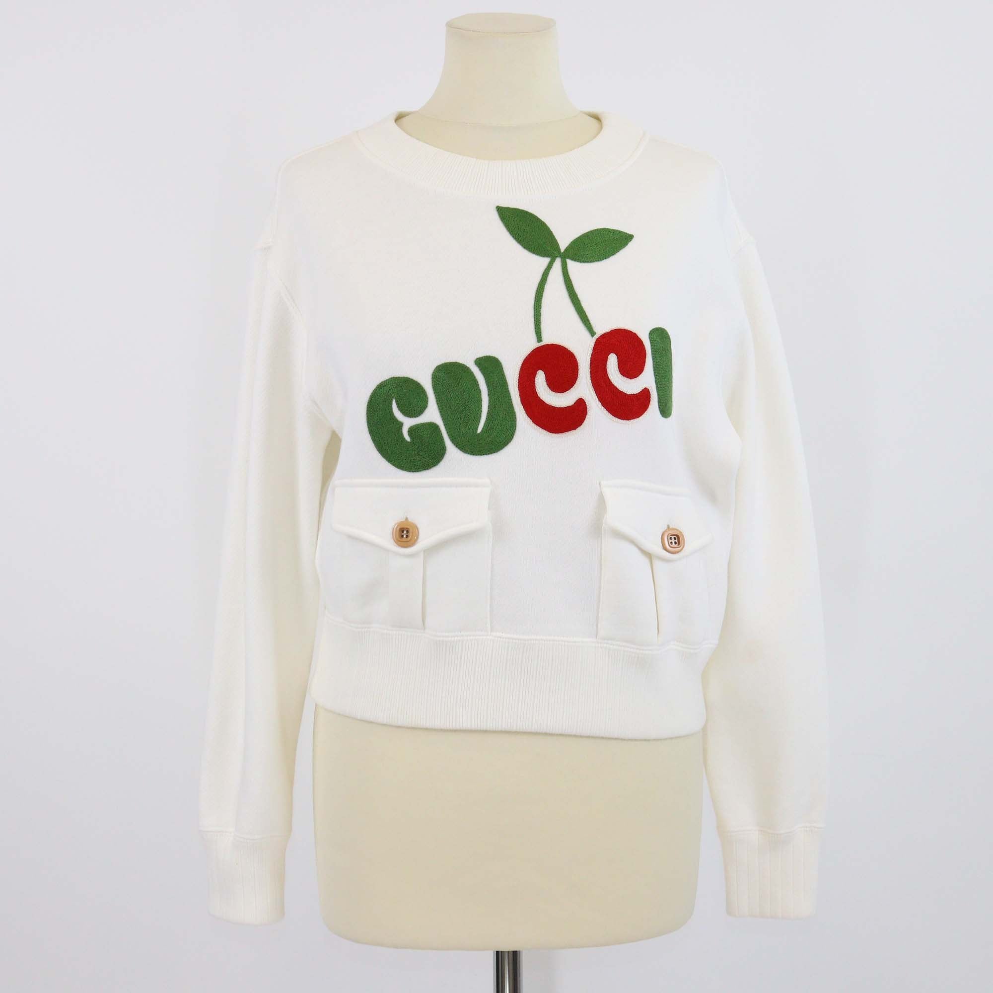 Gucci Ivory Cotton Logo Embroidered Double Pocket Detailed Long Sleeve Crop Sweatshirt