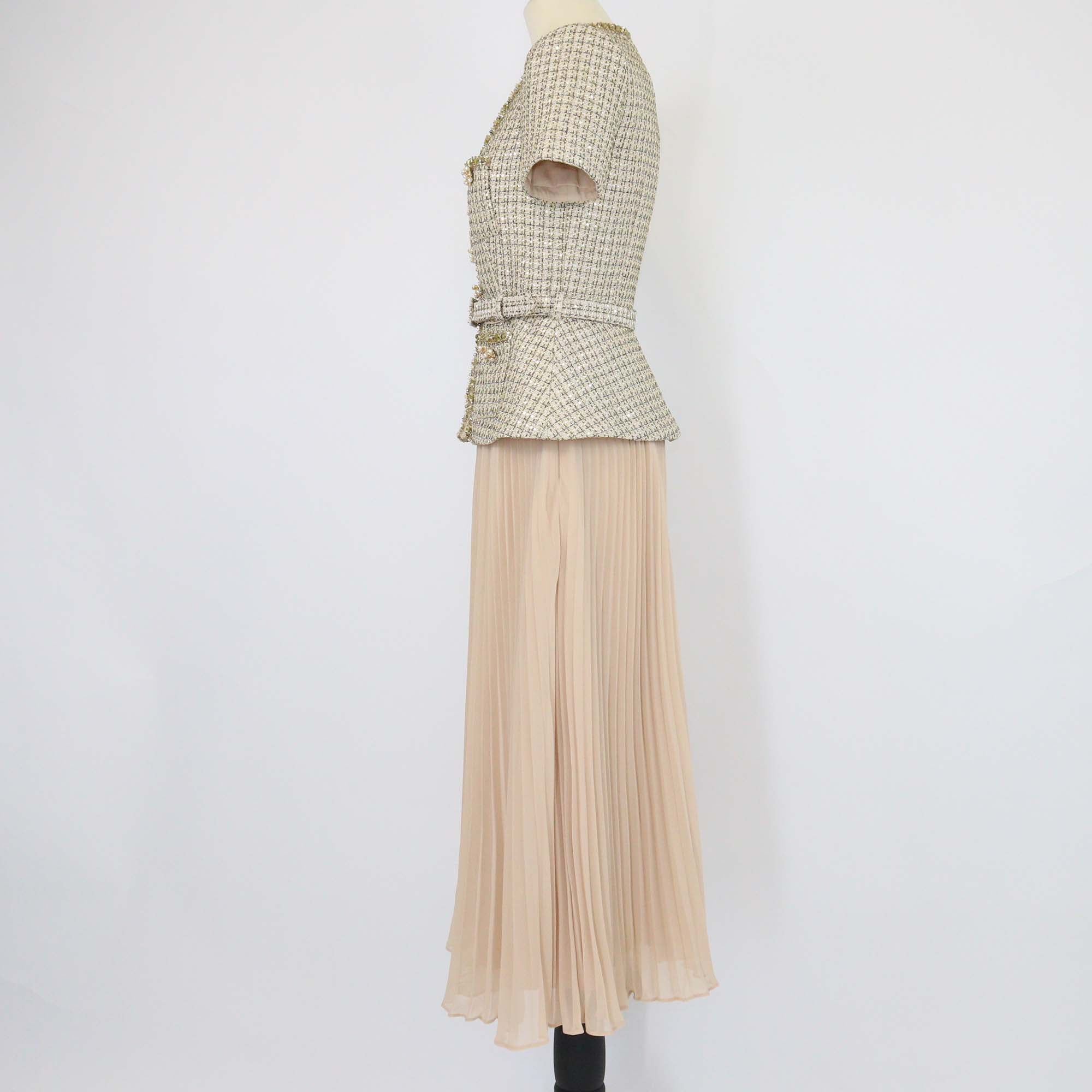 Self-Portrait Gold/Beige Tweed Belted Boucle Midi Dress