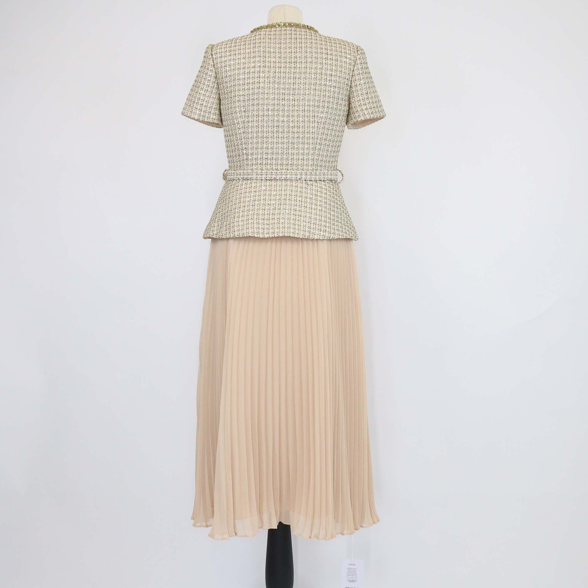 Self-Portrait Gold/Beige Tweed Belted Boucle Midi Dress