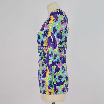 Versace Multicolor Knit Blend Floral Print V Neck Long Sleeve Top