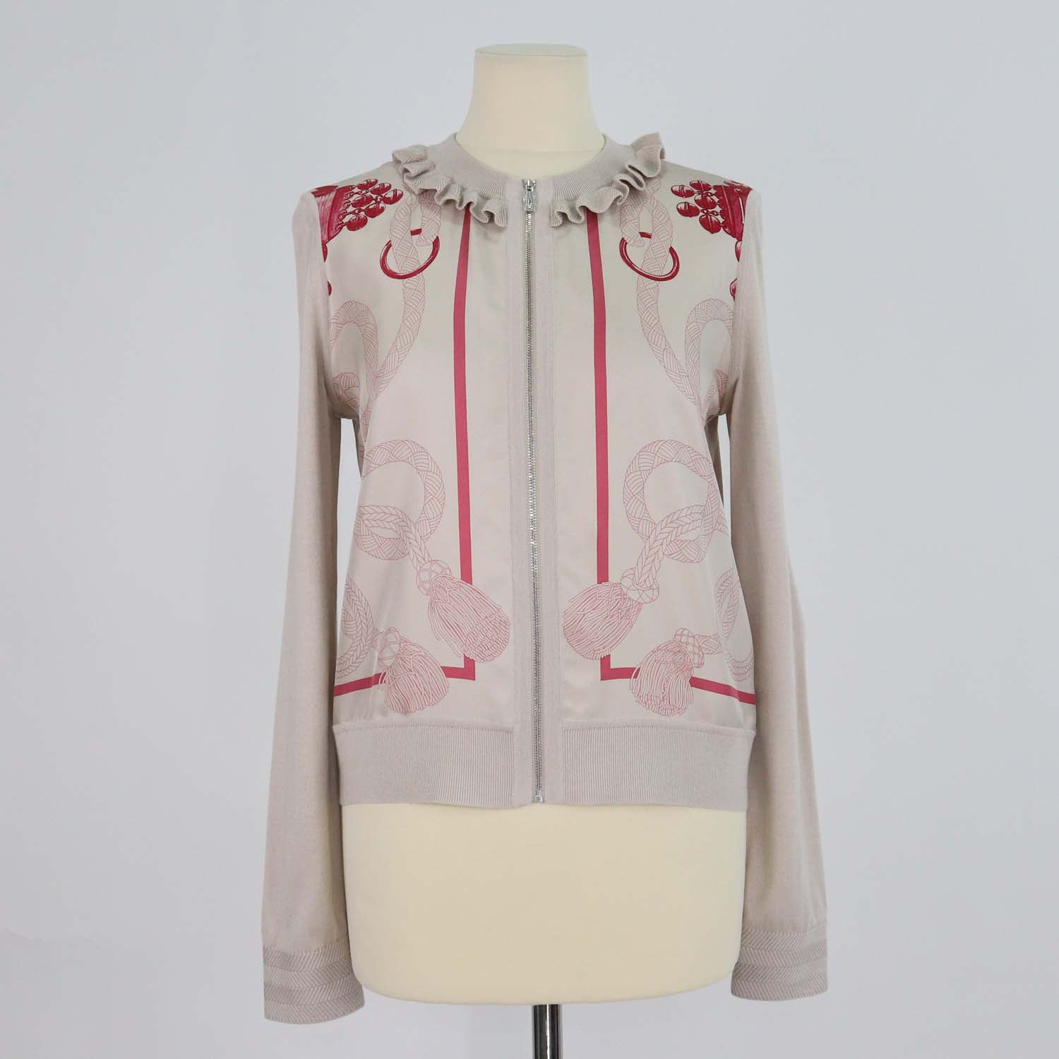 Hermes Grey, Pink Palefroi Remix Ruffled Neck Zip Up Cardigan