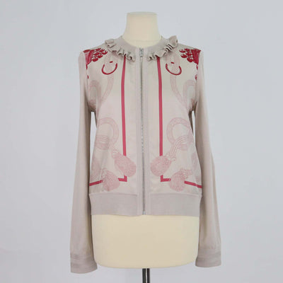 Hermes Grey, Pink Palefroi Remix Ruffled Neck Zip Up Cardigan