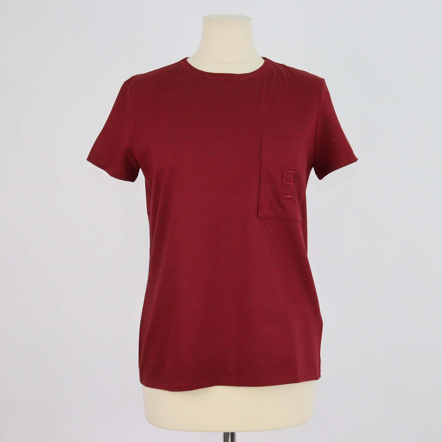Hermes Maroon Cotton Embroidered Pocket T Shirt