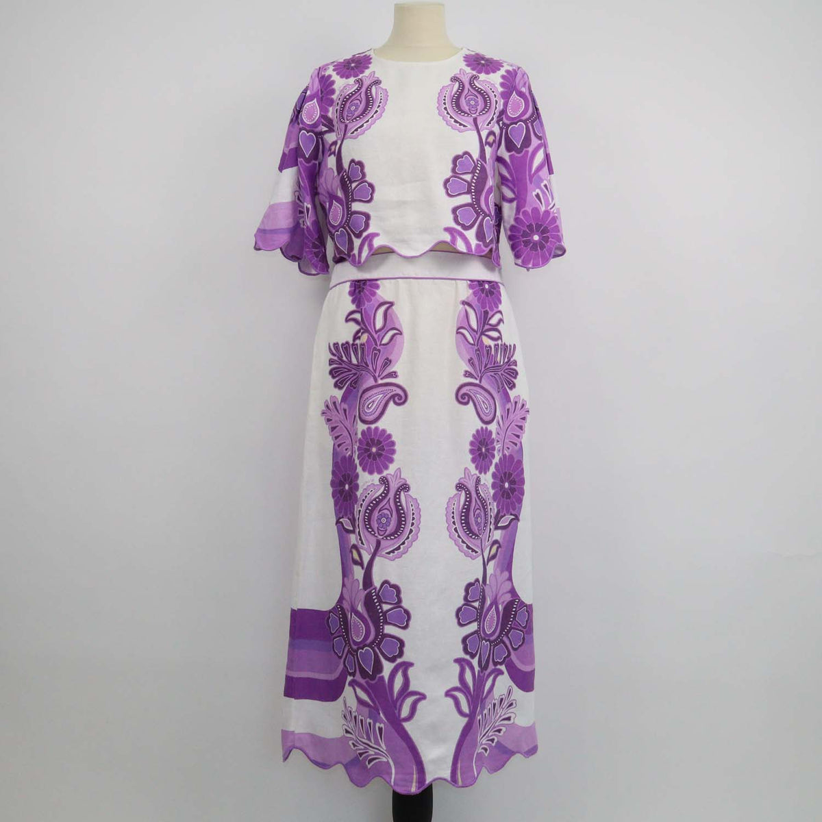 Farm Rio White,Purple Linen Floral Print Crop Top & Skirt Set
