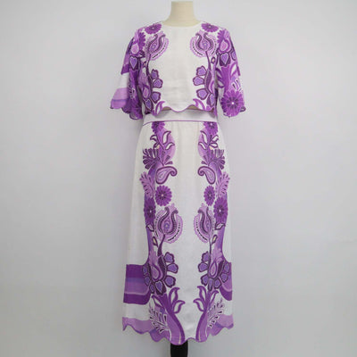 Farm Rio White,Purple Linen Floral Print Crop Top & Skirt Set