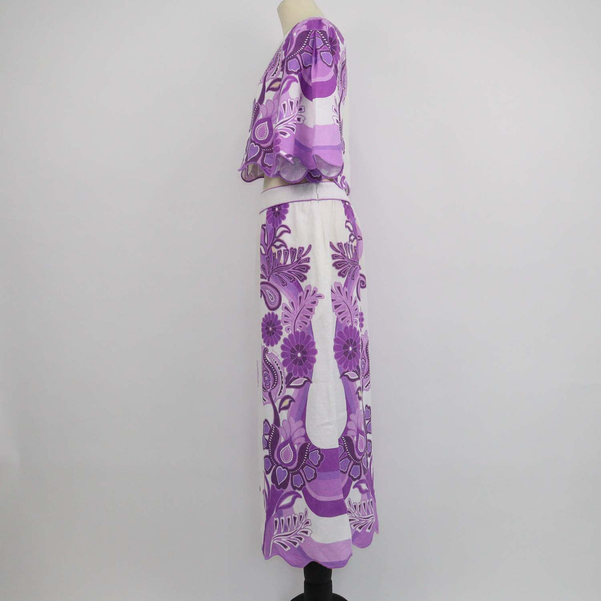 Farm Rio White,Purple Linen Floral Print Crop Top & Skirt Set