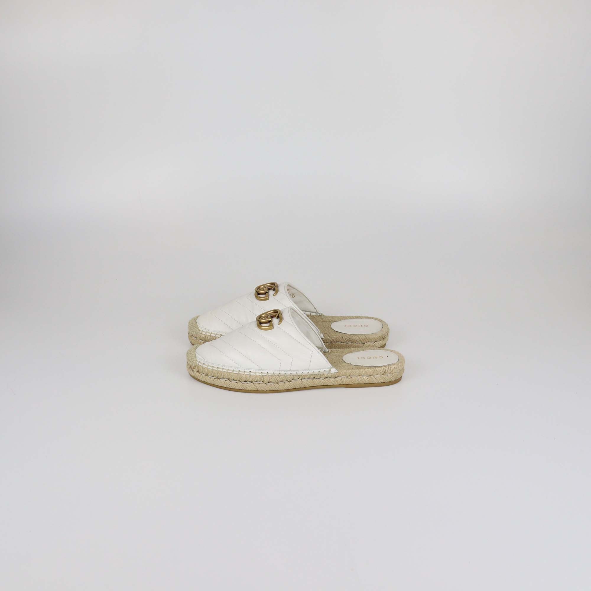 Gucci White Matelasse Leather GG Marmont Espadrille Mules