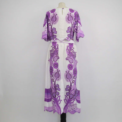 Farm Rio White,Purple Linen Floral Print Crop Top & Skirt Set