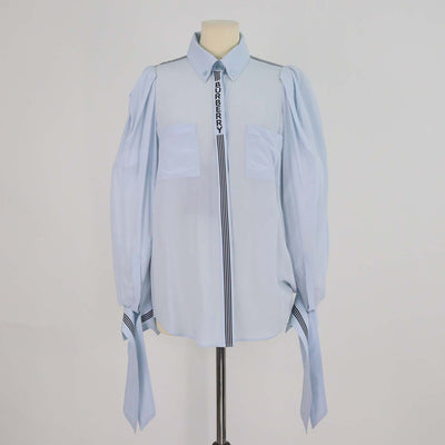 Burberry Light Blue Logo Print Silk Tie-Up Cuff Shirt