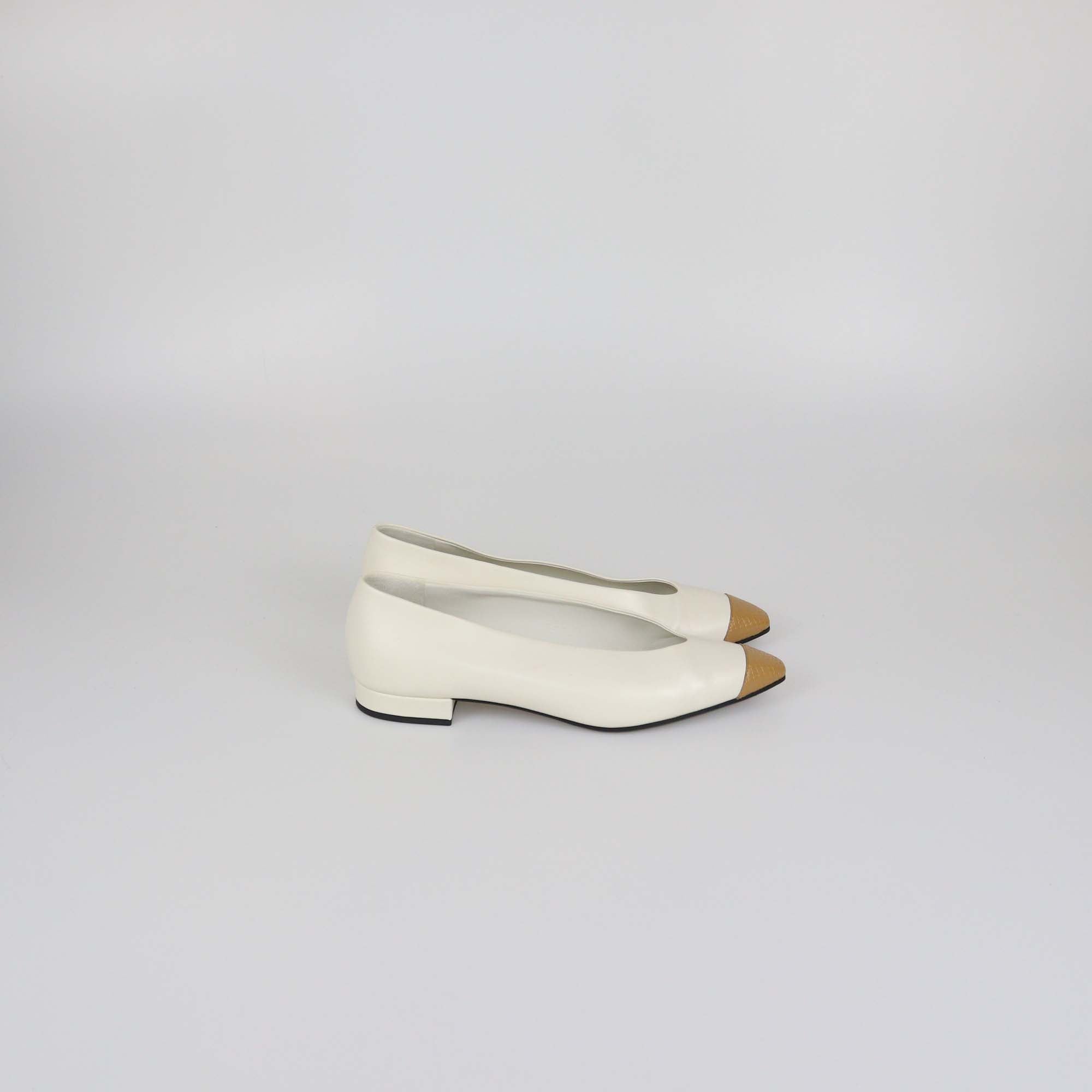 Loro Piana White Leather Rebecca Cap Toe Ballet Flats