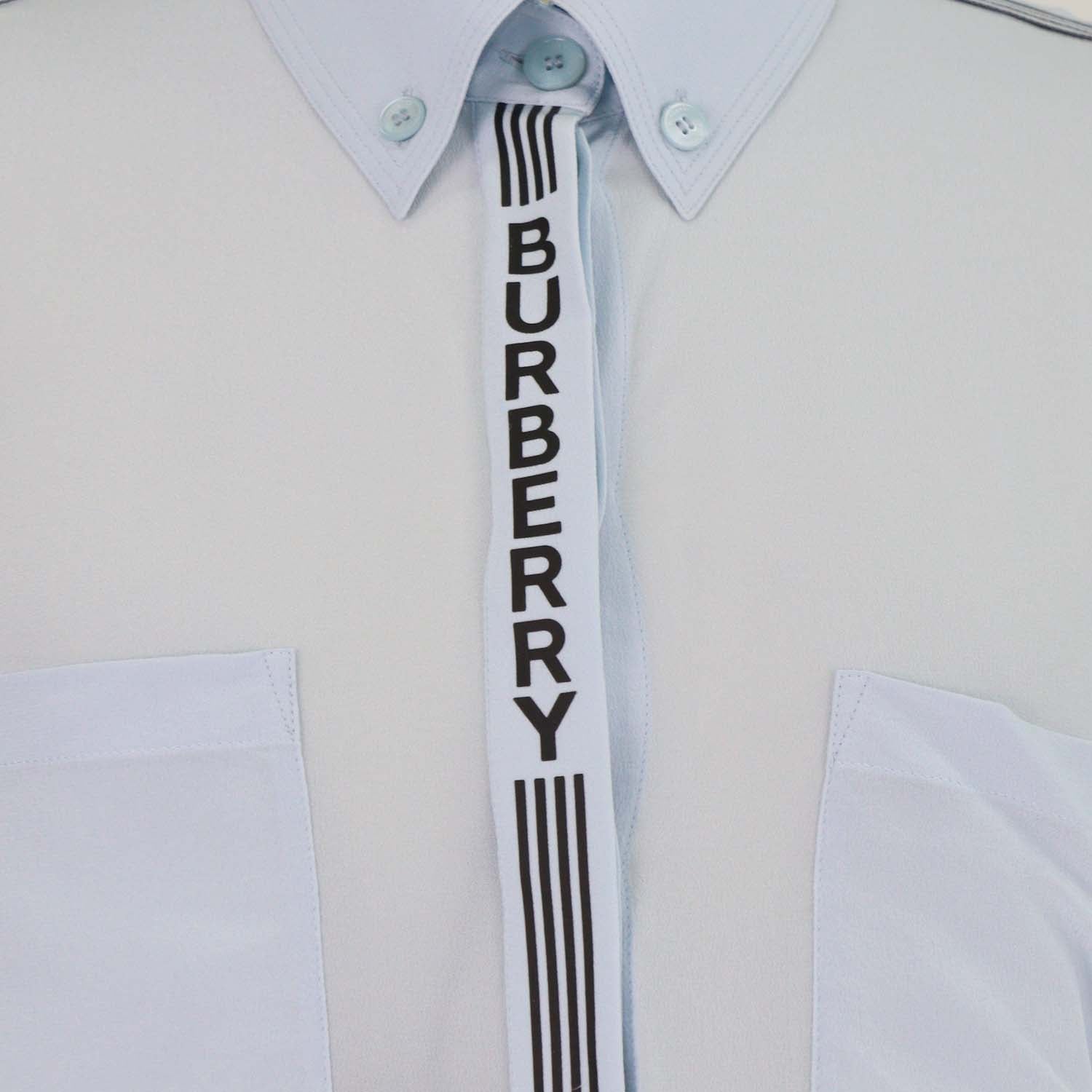 Burberry Light Blue Logo Print Silk Tie-Up Cuff Shirt