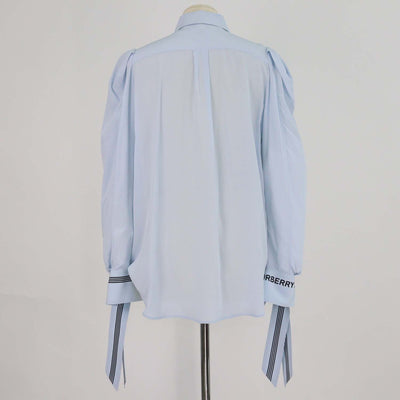 Burberry Light Blue Logo Print Silk Tie-Up Cuff Shirt