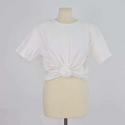Magda Butrym White Cotton Knit Knot Crop T Shirt