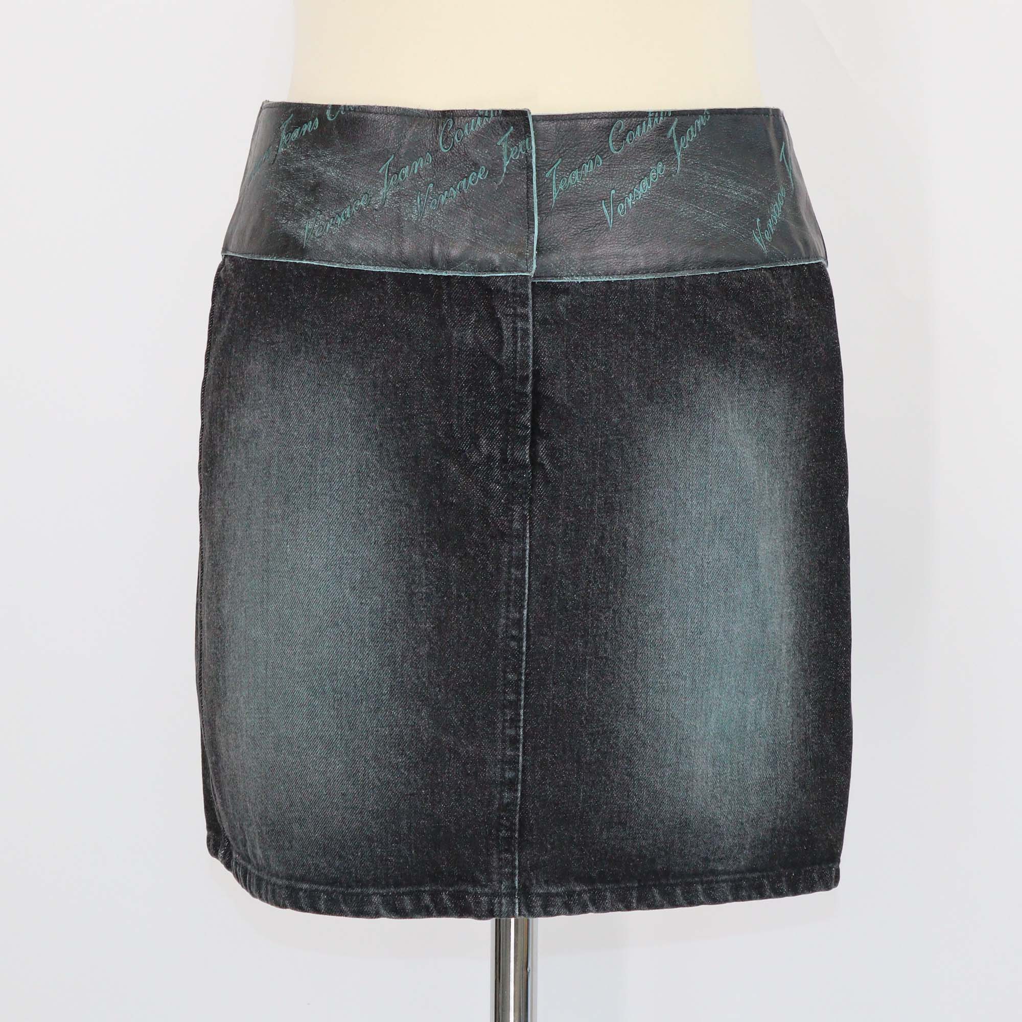 Versace Jeans Couture Green/Black Washed Denim and Leather Mini Skirt
