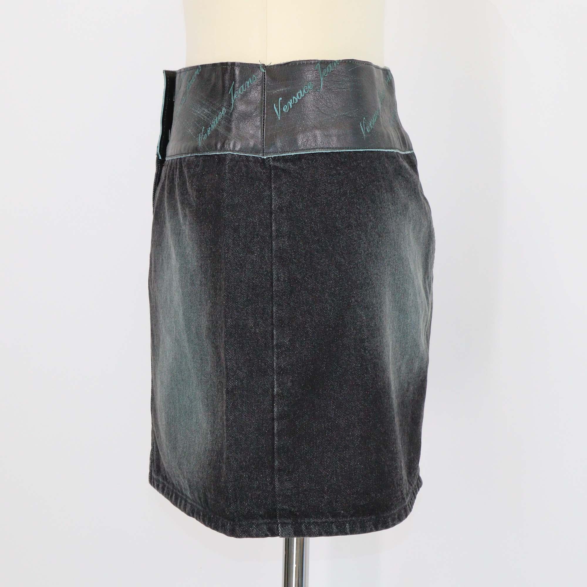 Versace Jeans Couture Green/Black Washed Denim and Leather Mini Skirt