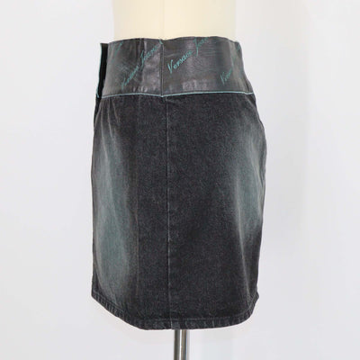 Versace Jeans Couture Green/Black Washed Denim and Leather Mini Skirt