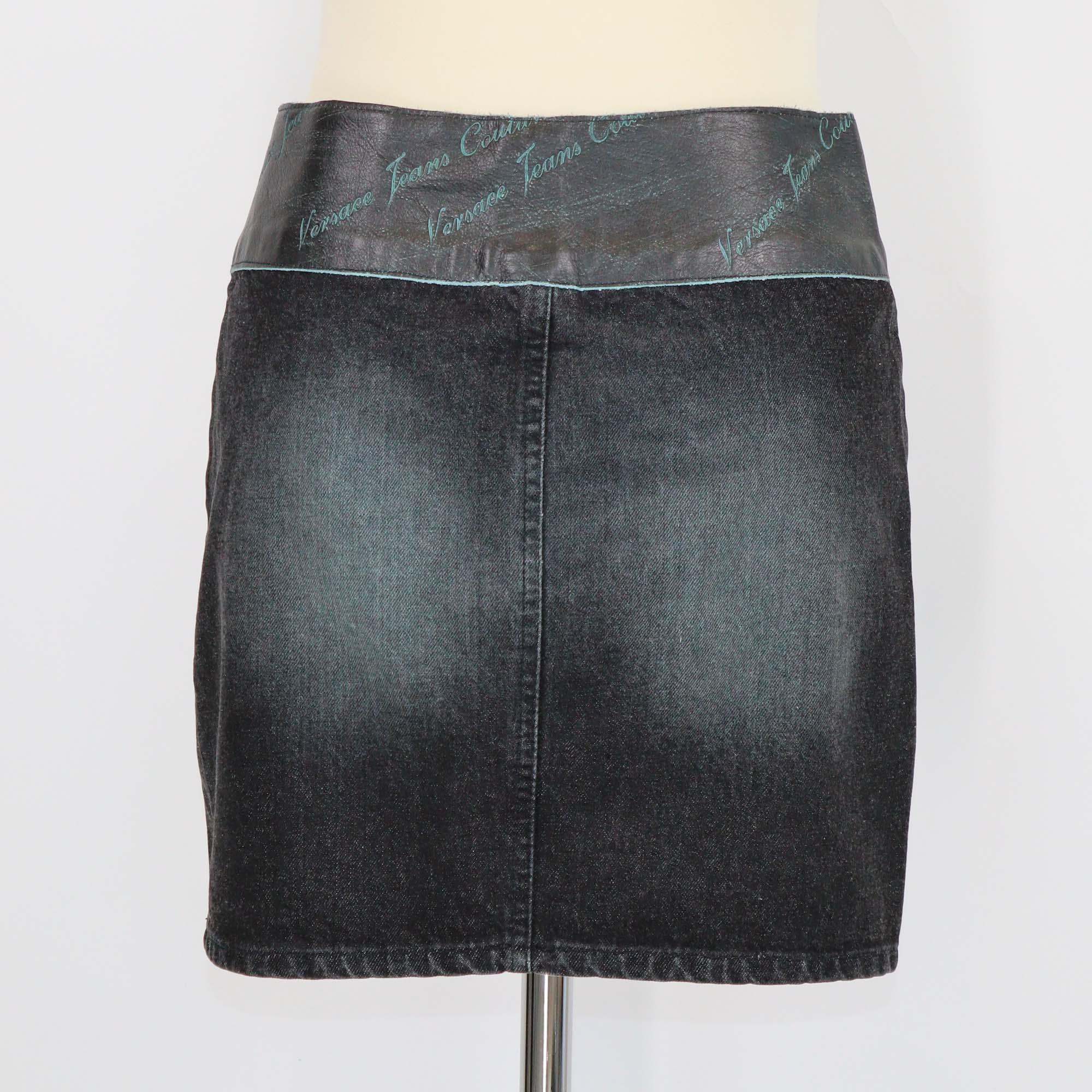 Versace Jeans Couture Green/Black Washed Denim and Leather Mini Skirt