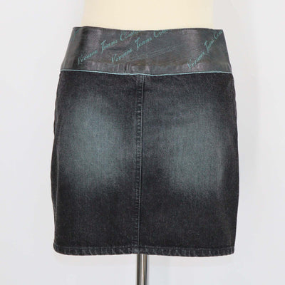 Versace Jeans Couture Green/Black Washed Denim and Leather Mini Skirt