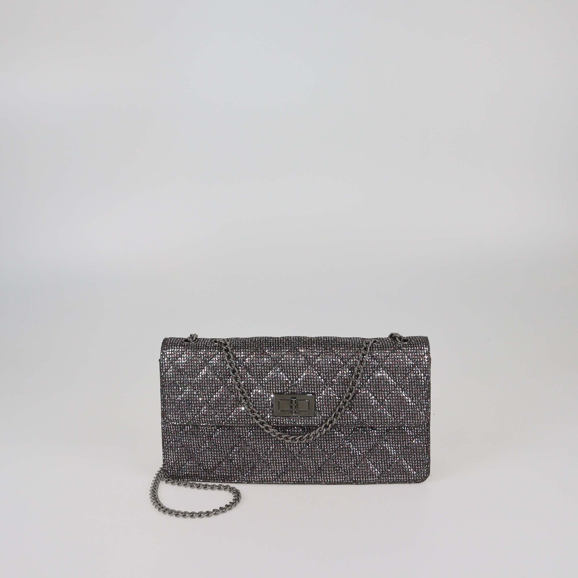 Chanel Metallic Grey Quilted Glitter Reissue East/West Flap Bag Womens Chanel 