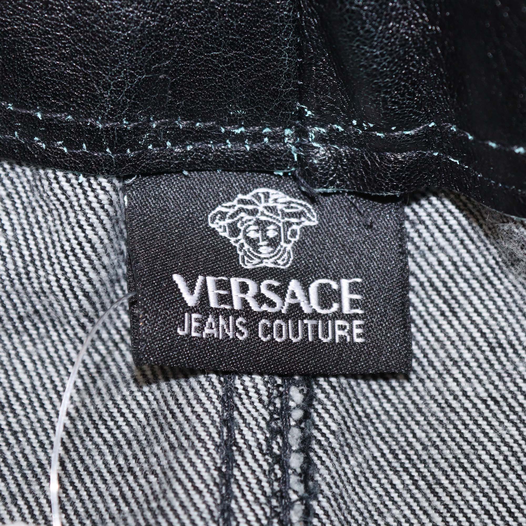 Versace Jeans Couture Green/Black Washed Denim and Leather Mini Skirt