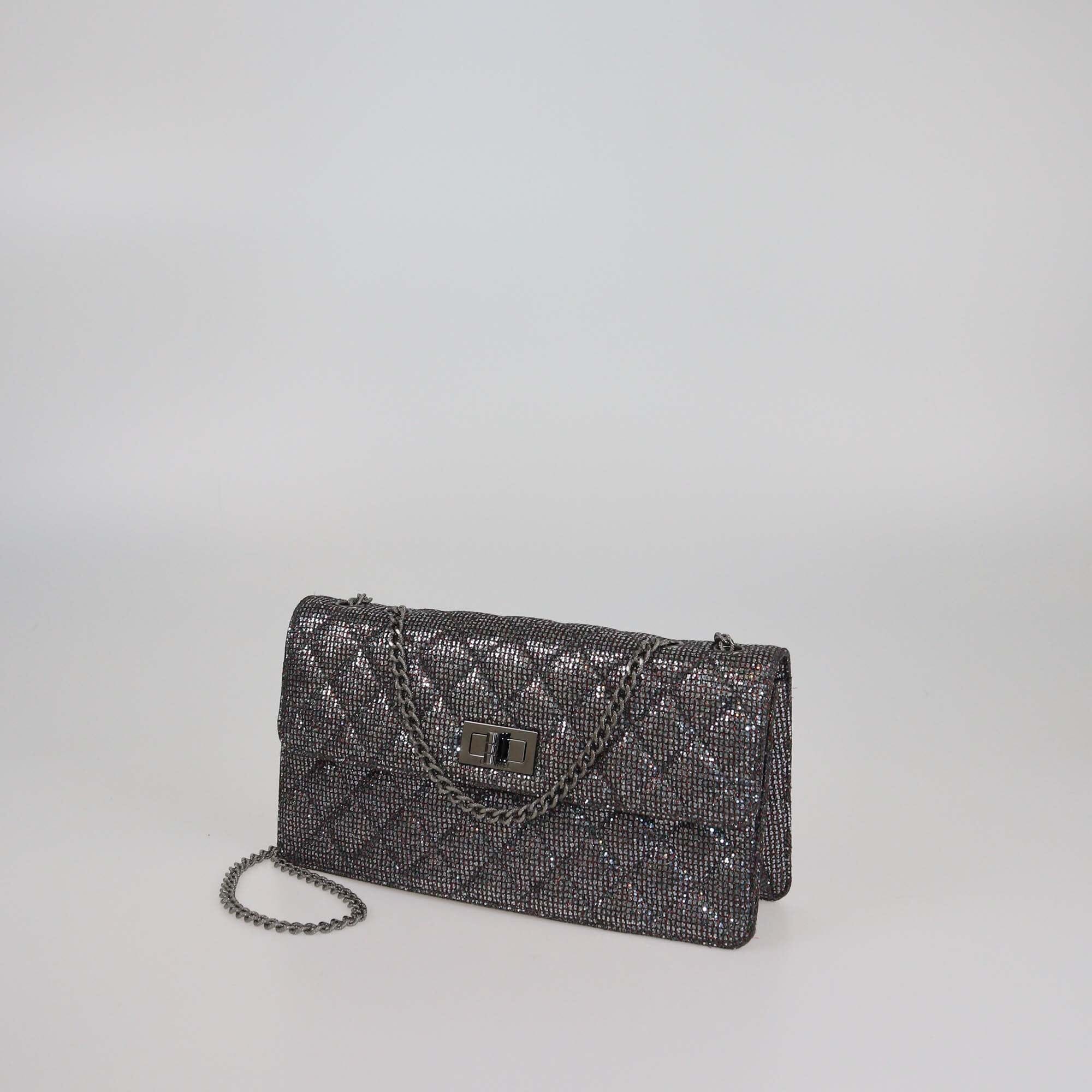 Chanel Metallic Grey Quilted Glitter Reissue East/West Flap Bag Womens Chanel 