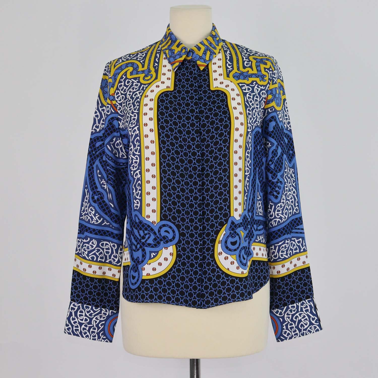 Hermes Blue Silk Eperon d'Or Bandana Print Shirt