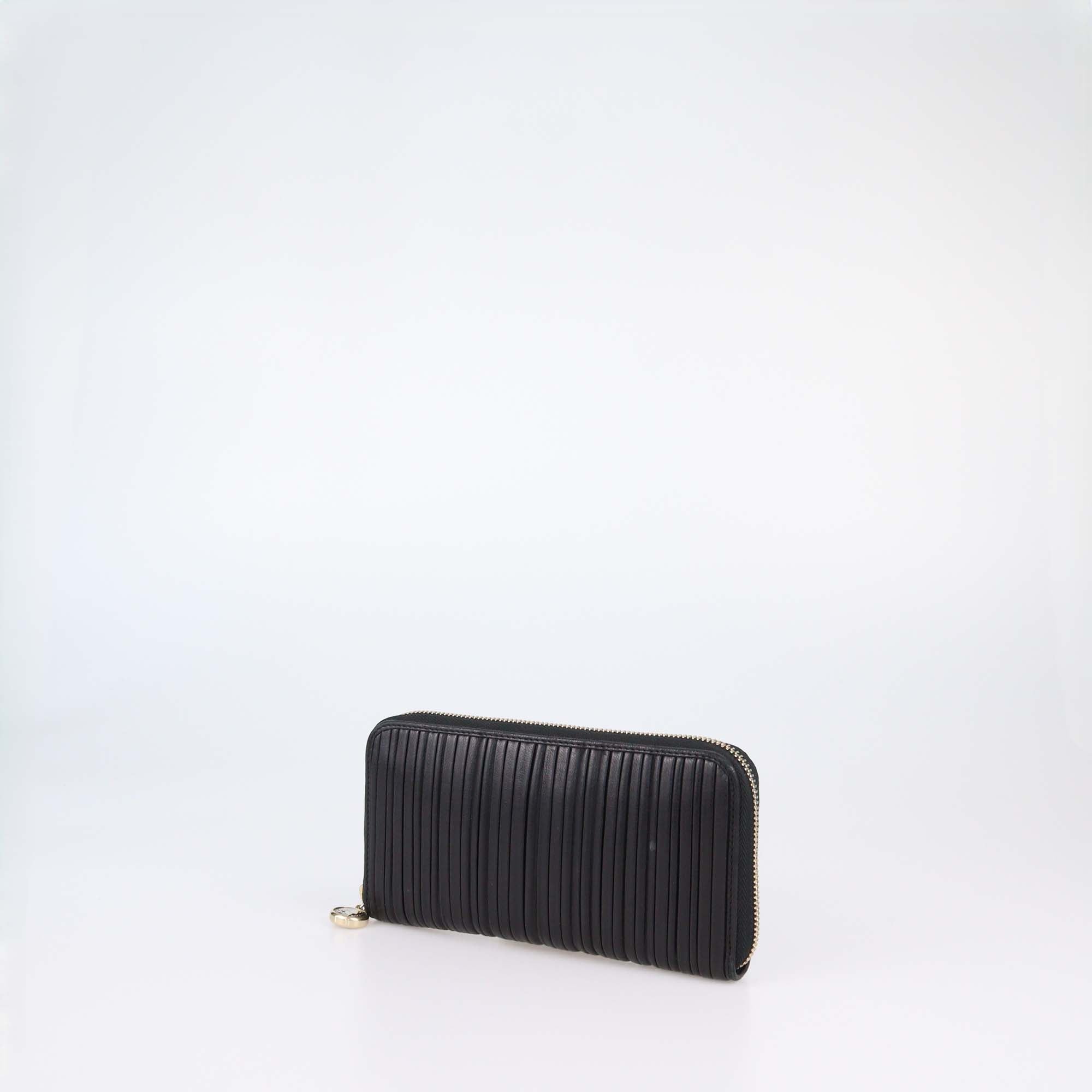 Bvlgari Black Leather Plisse Zip Around Wallet