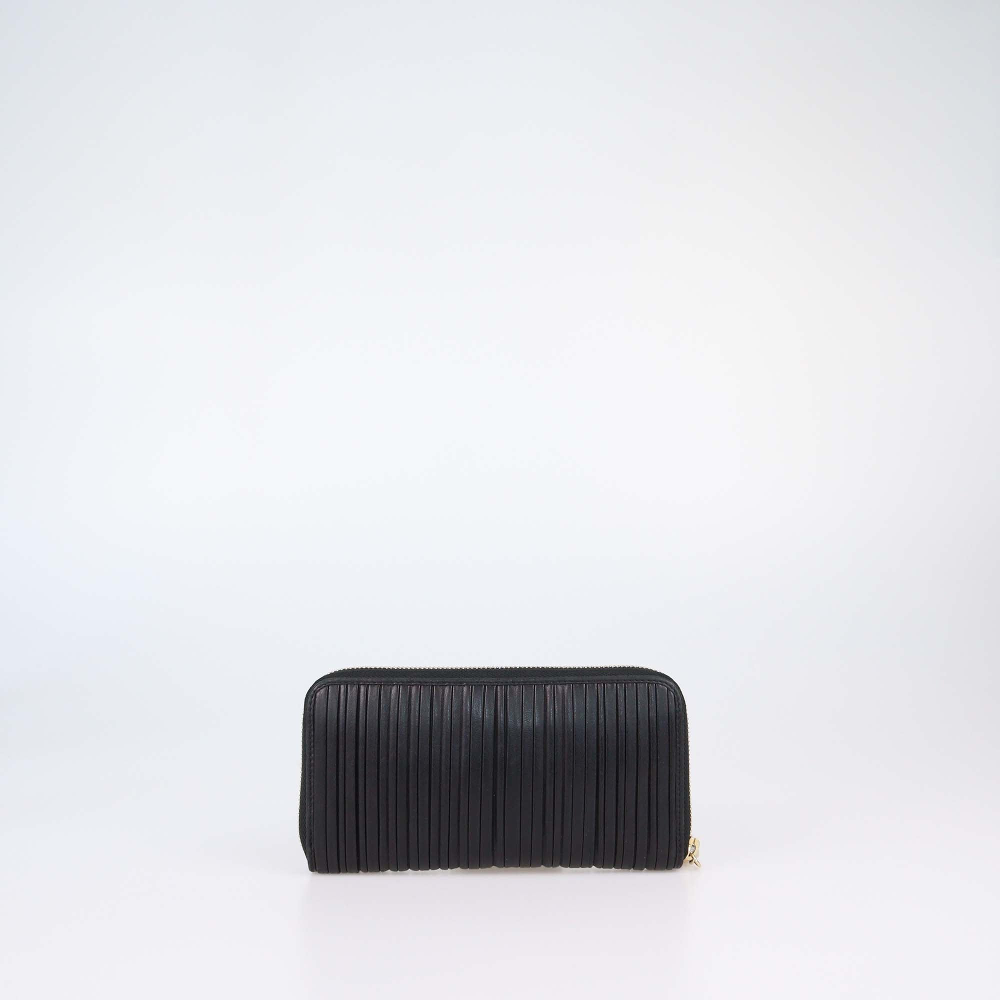 Bvlgari Black Leather Plisse Zip Around Wallet