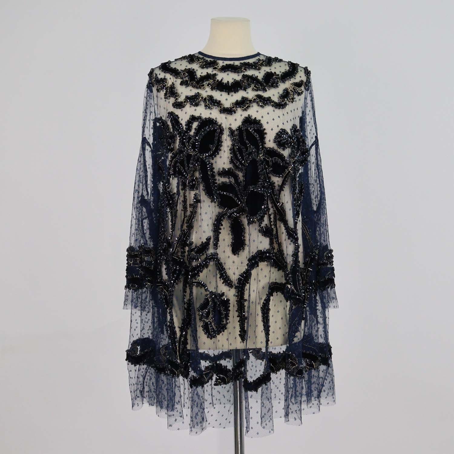 Biyan Dark Navy Polyamide Velvet Embroidery Applique Embellished Tulle Flare Blouse