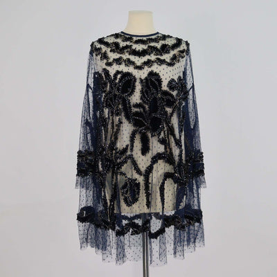Biyan Dark Navy Polyamide Velvet Embroidery Applique Embellished Tulle Flare Blouse