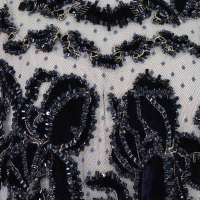 Biyan Dark Navy Polyamide Velvet Embroidery Applique Embellished Tulle Flare Blouse