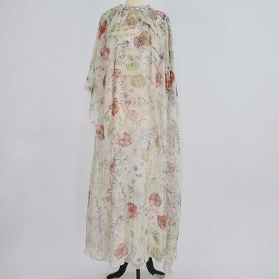 McQueen Multicolor Silk Jewelled Trim Floral Print Cape Gown