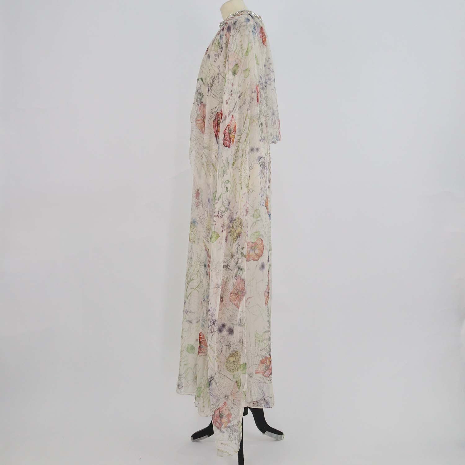 McQueen Multicolor Silk Jewelled Trim Floral Print Cape Gown