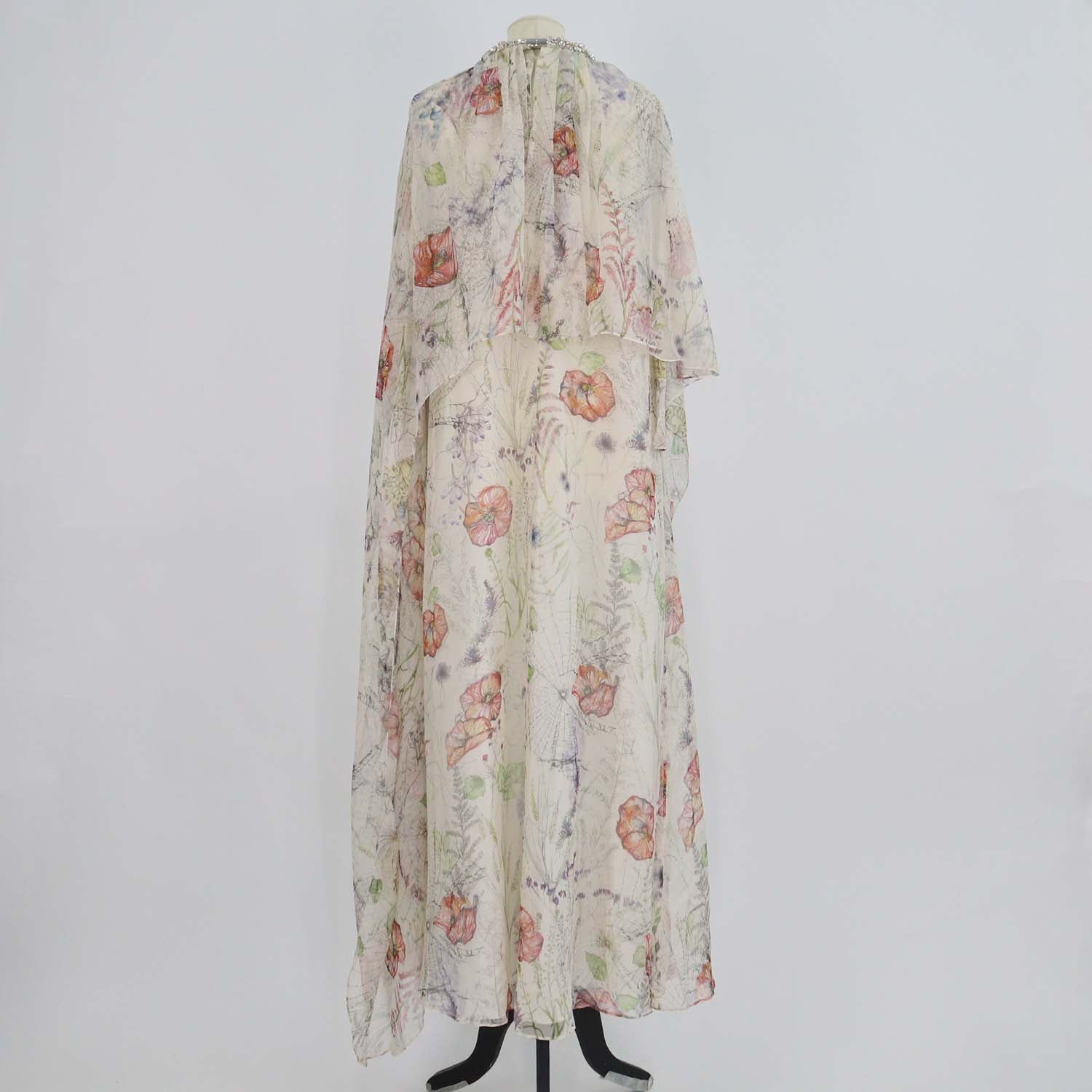 McQueen Multicolor Silk Jewelled Trim Floral Print Cape Gown