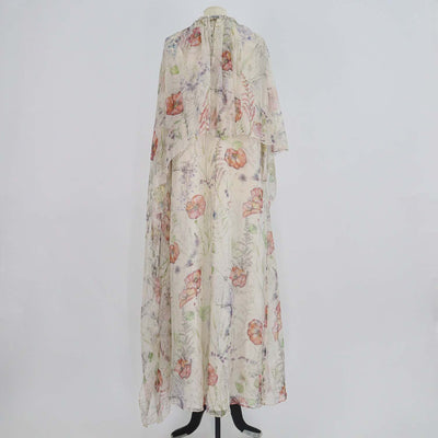 McQueen Multicolor Silk Jewelled Trim Floral Print Cape Gown