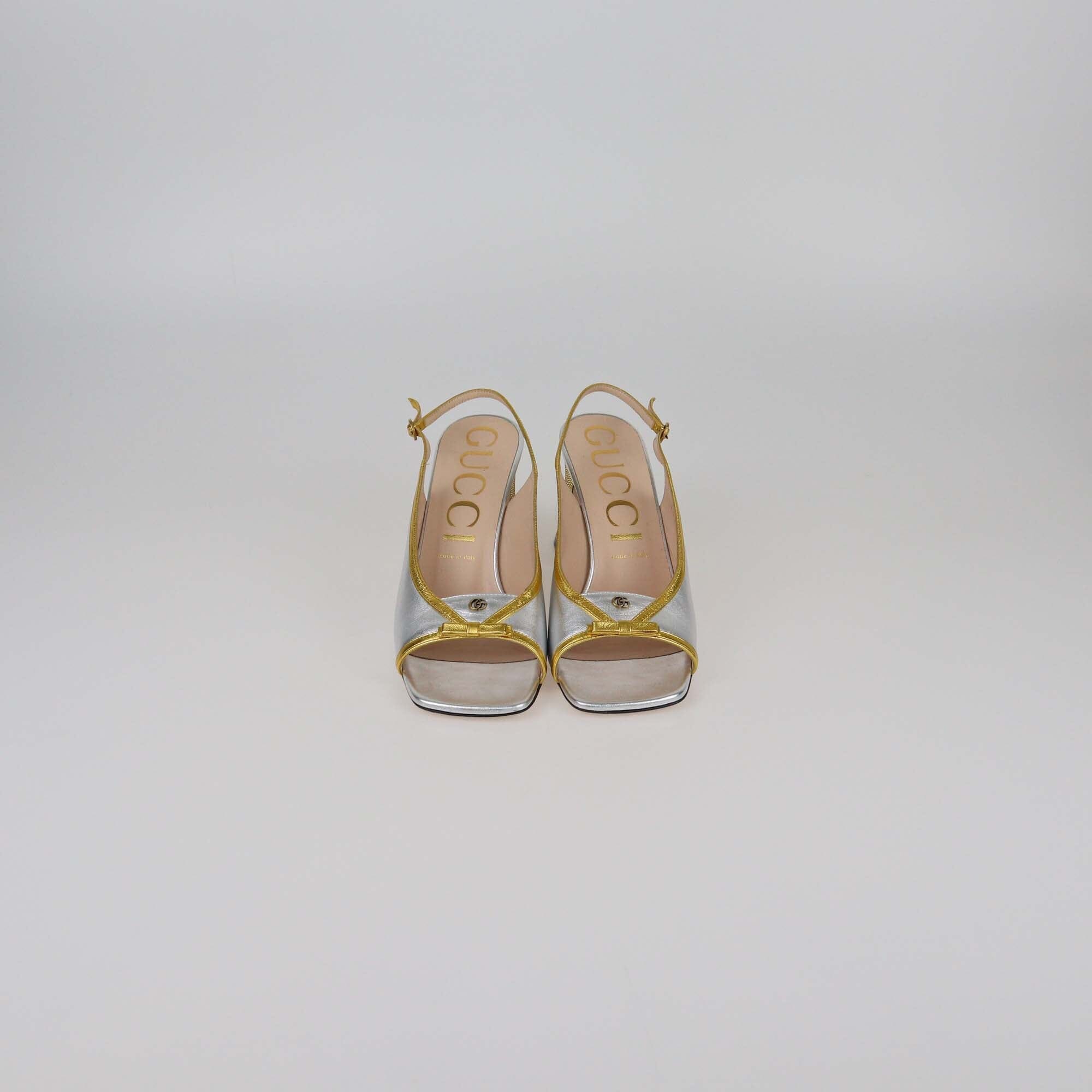 Gucci Silver/Gold Alison Bow Slingback Sandals Womens Gucci 