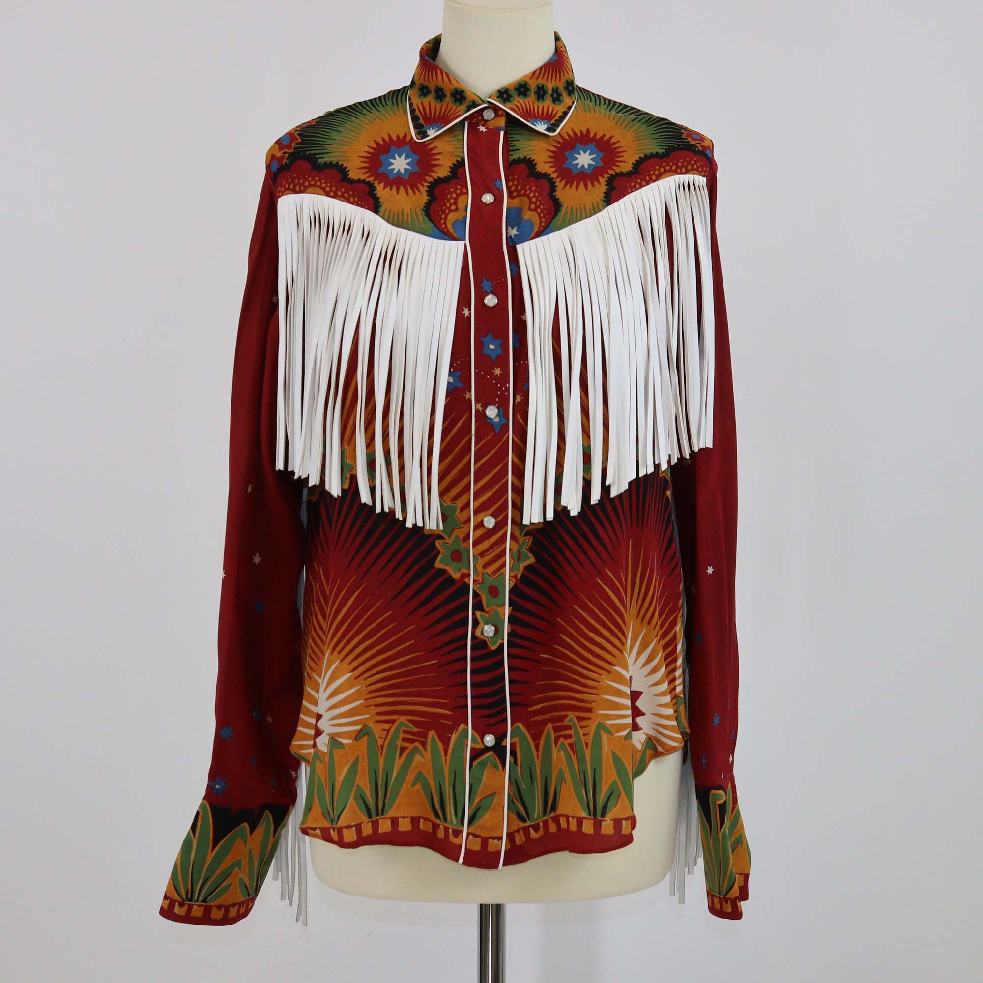 Valentino Red/Multicolor Printed Silk Fringe Long Sleeve Top