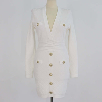 Balmain White Jacquard Knit Button Detail Mini Dress