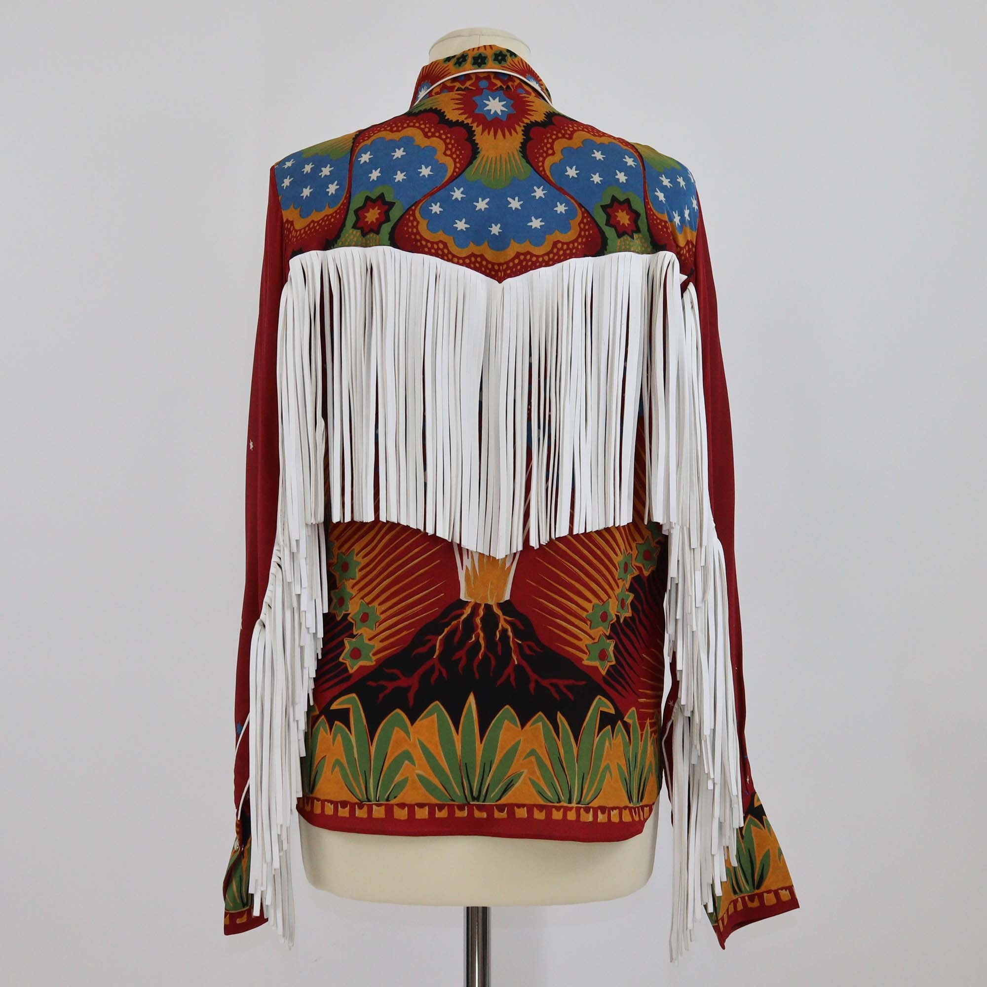 Valentino Red/Multicolor Printed Silk Fringe Long Sleeve Top