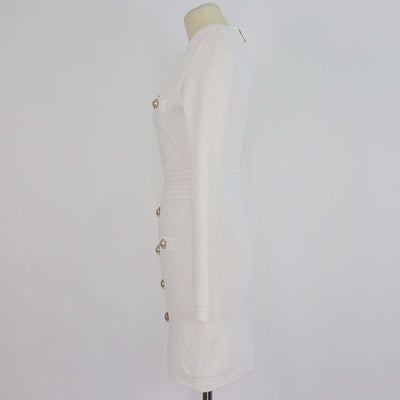 Balmain White Jacquard Knit Button Detail Mini Dress