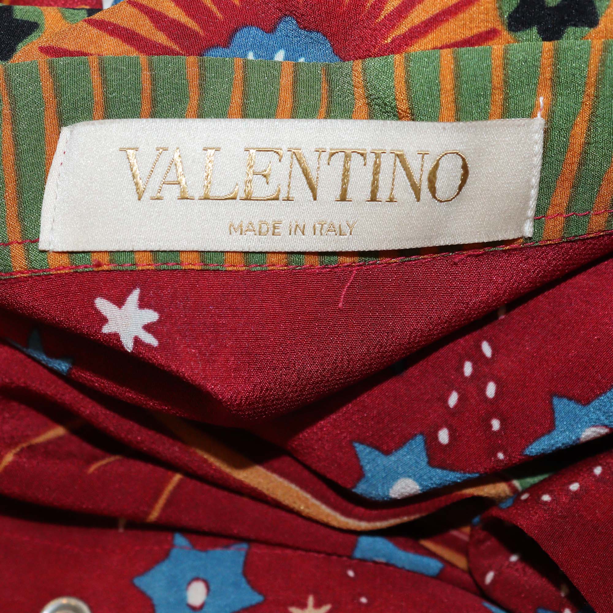 Valentino Red/Multicolor Printed Silk Fringe Long Sleeve Top