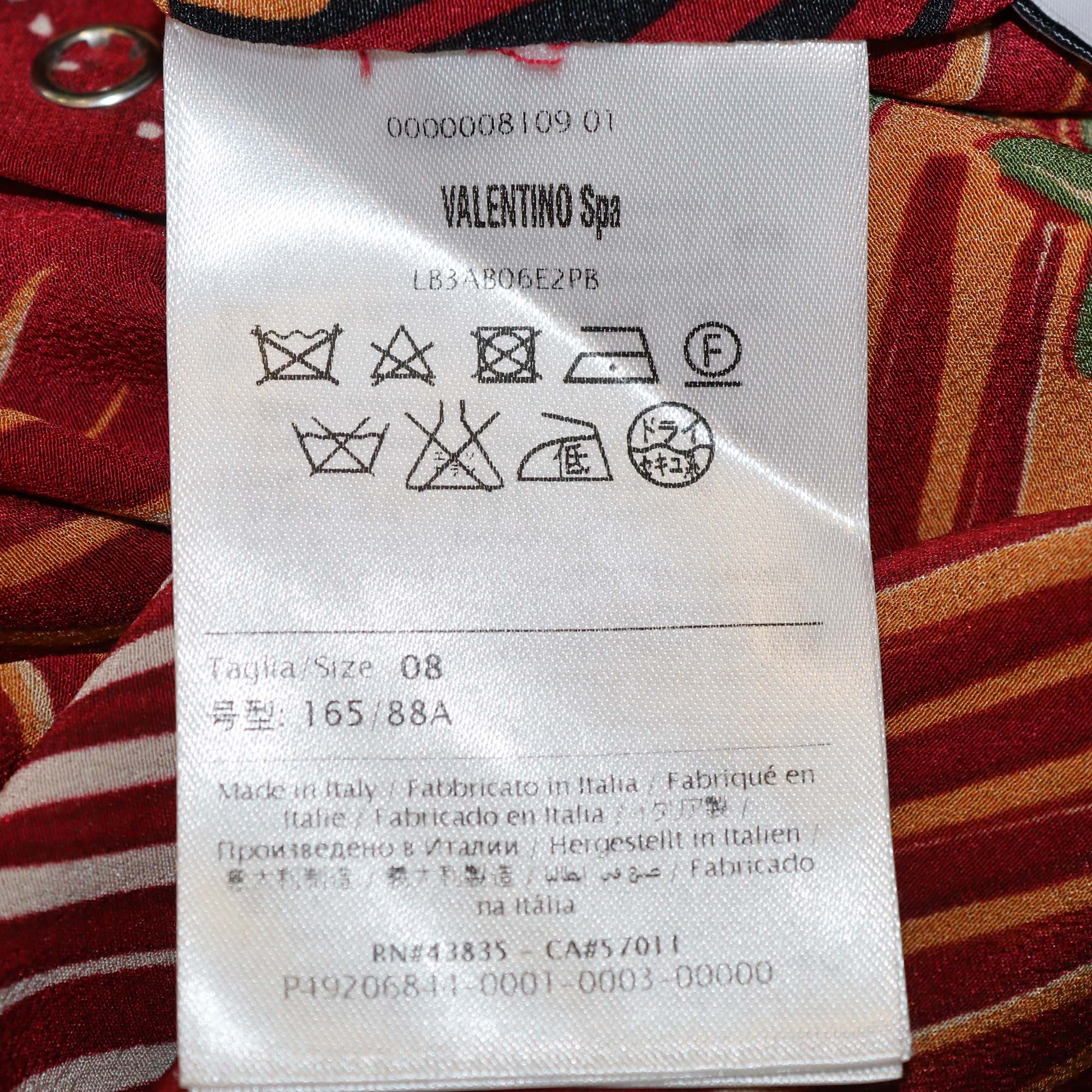 Valentino Red/Multicolor Printed Silk Fringe Long Sleeve Top