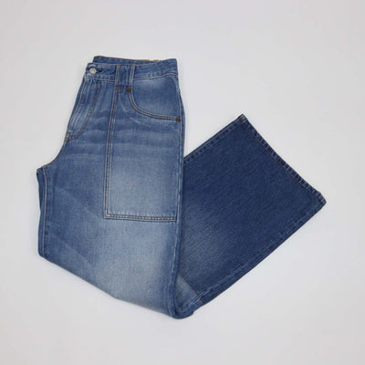 Victoria Beckham Washed Blue Denim Low Rise Bootcut Leg Pants