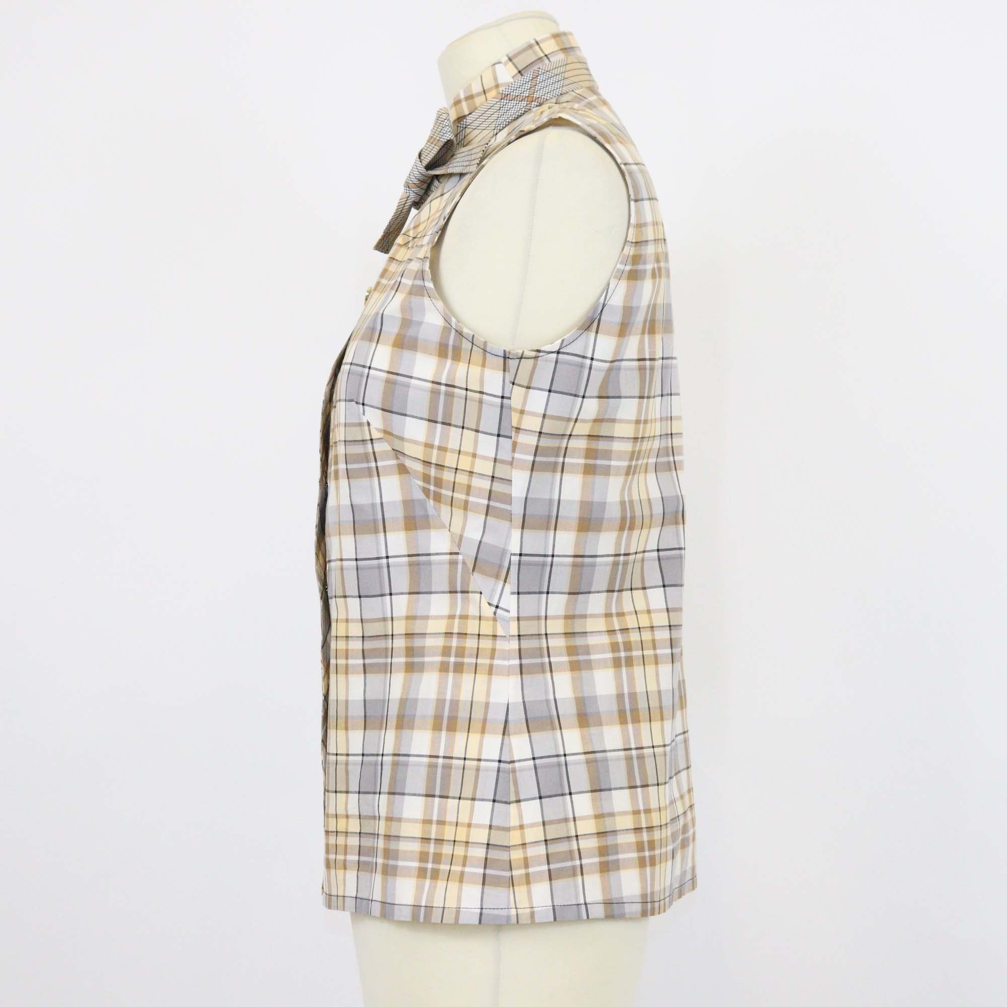 Louis Vuitton Beige Cotton Plaid Checkered Tie Sleeveless Top