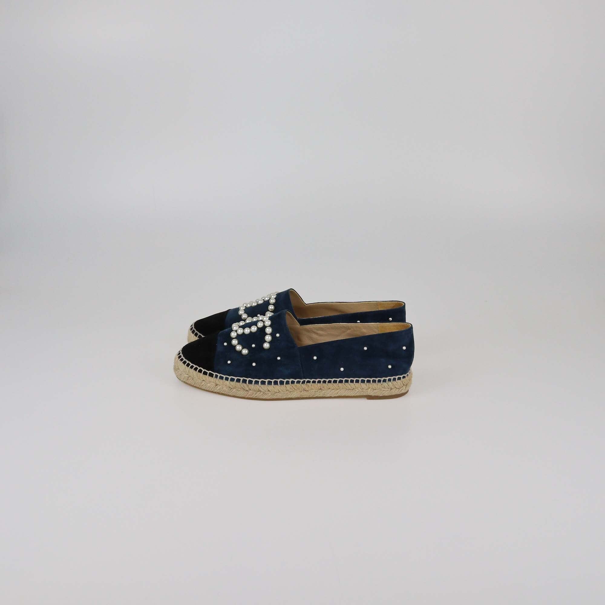 Chanel Navy Blue/Black CC Pearl Espadrille Cap Toe Flats Womens Chanel 