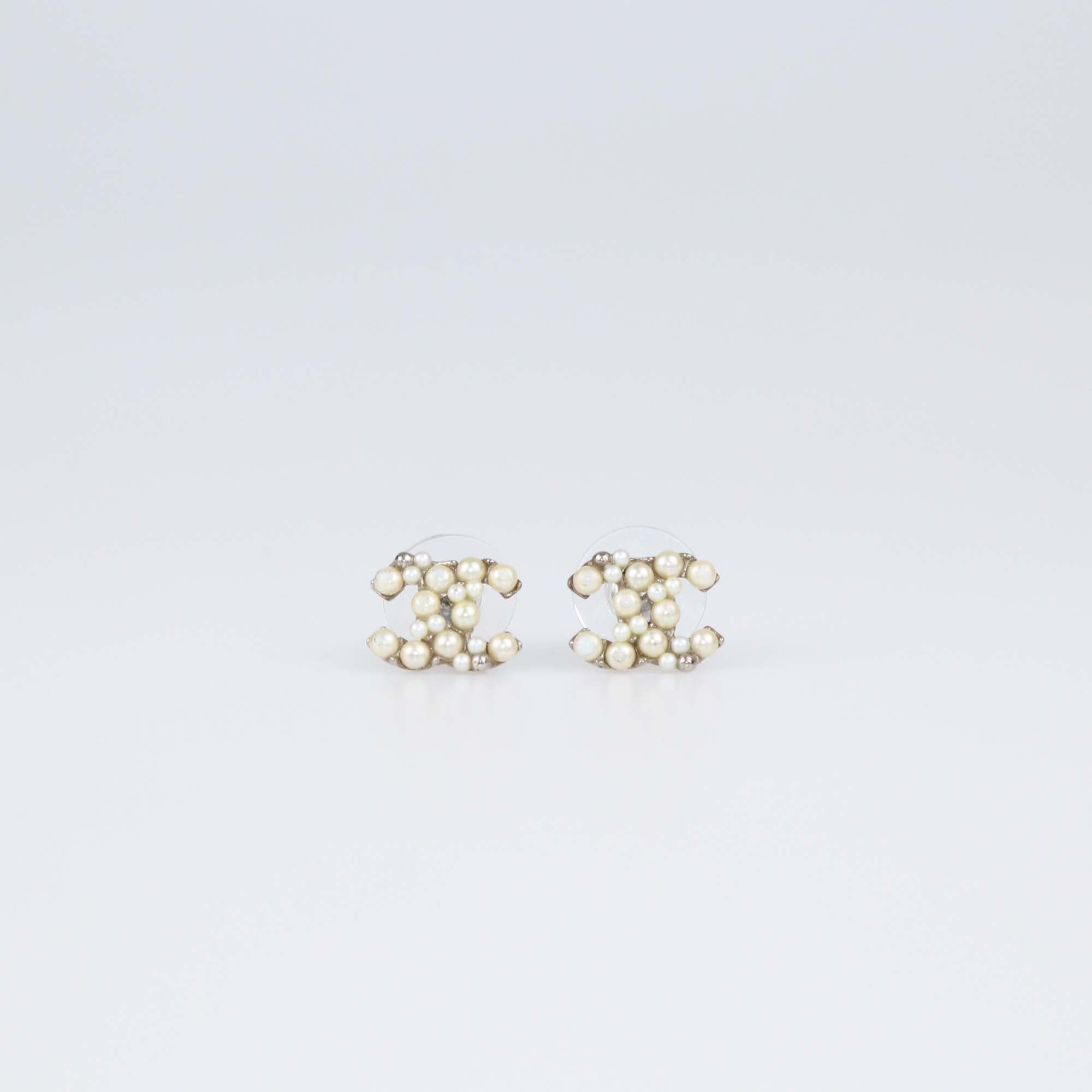 Chanel Silver Tone Metal Faux Pearl CC Earrings
