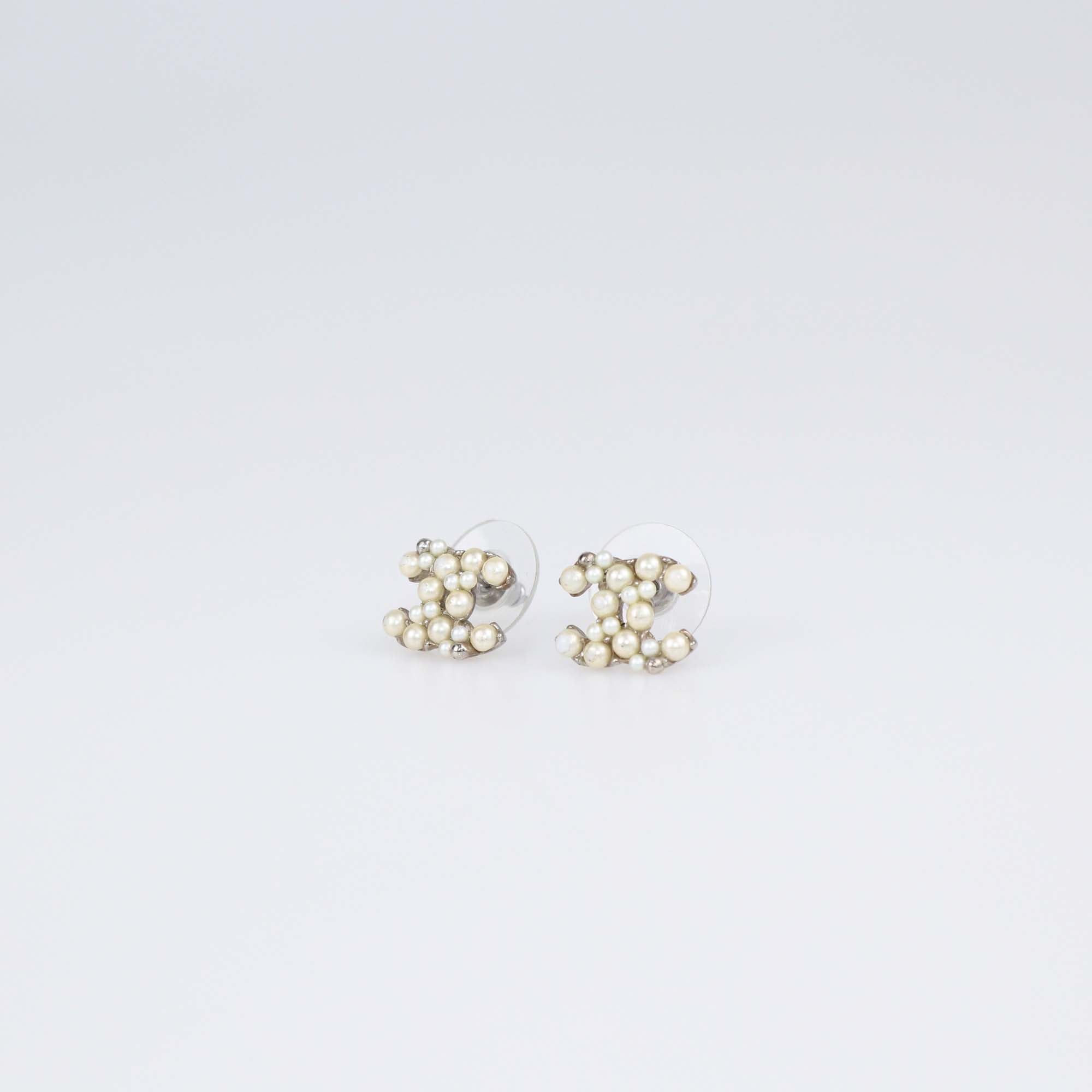 Chanel Silver Tone Metal Faux Pearl CC Earrings