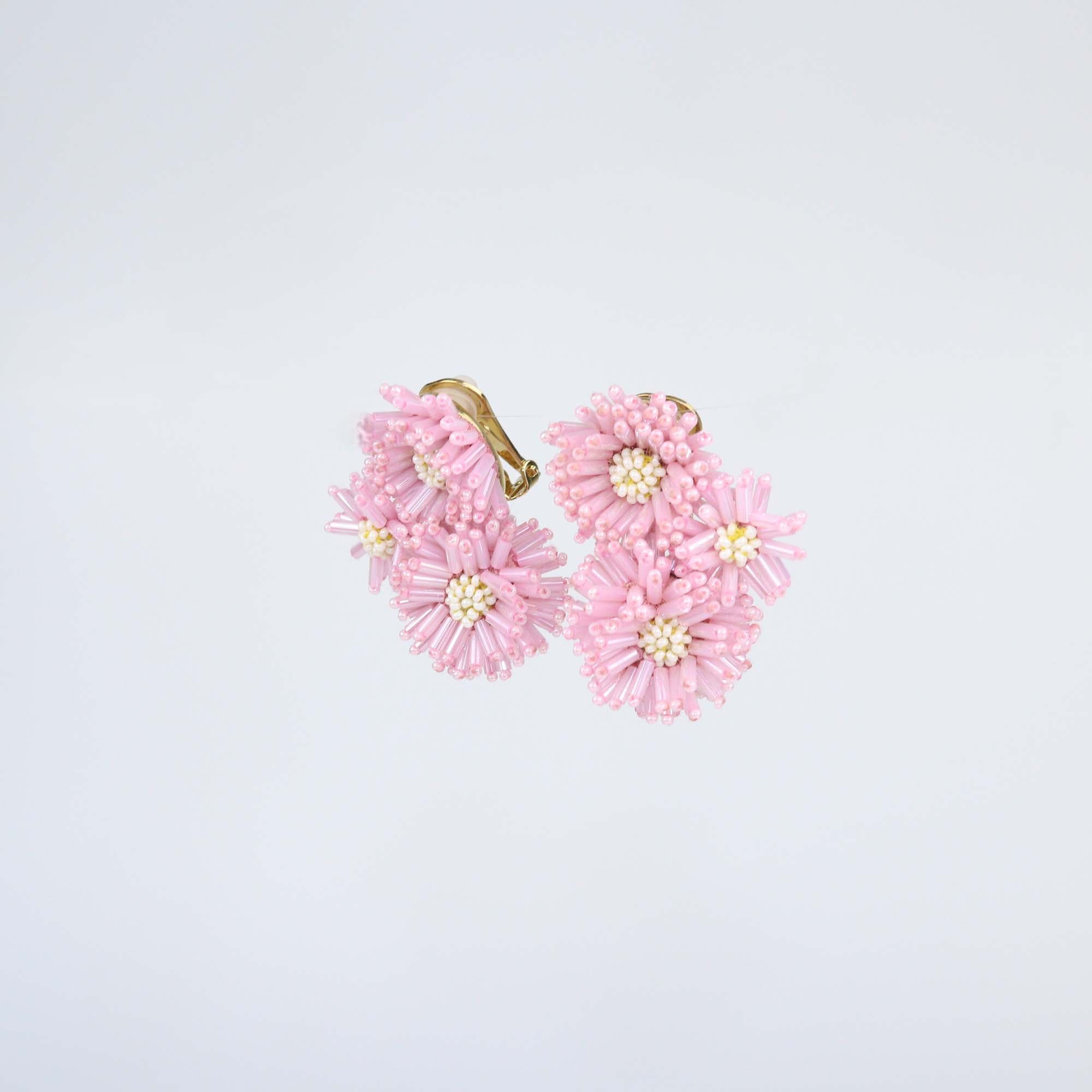 Oscar Dela Renta Pink Pom-Pom Flower Stud Clip on Earrings