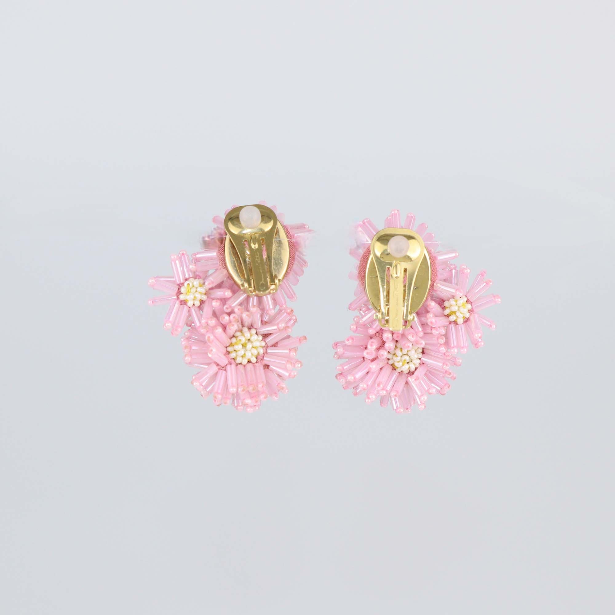 Oscar Dela Renta Pink Pom-Pom Flower Stud Clip on Earrings