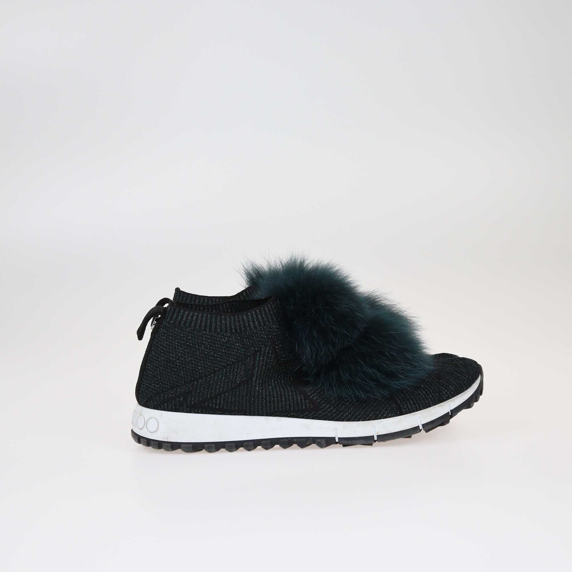 Jimmy Choo Dark Green Fur Pom Pom Norway Sneakers Shoes Jimmy Choo 